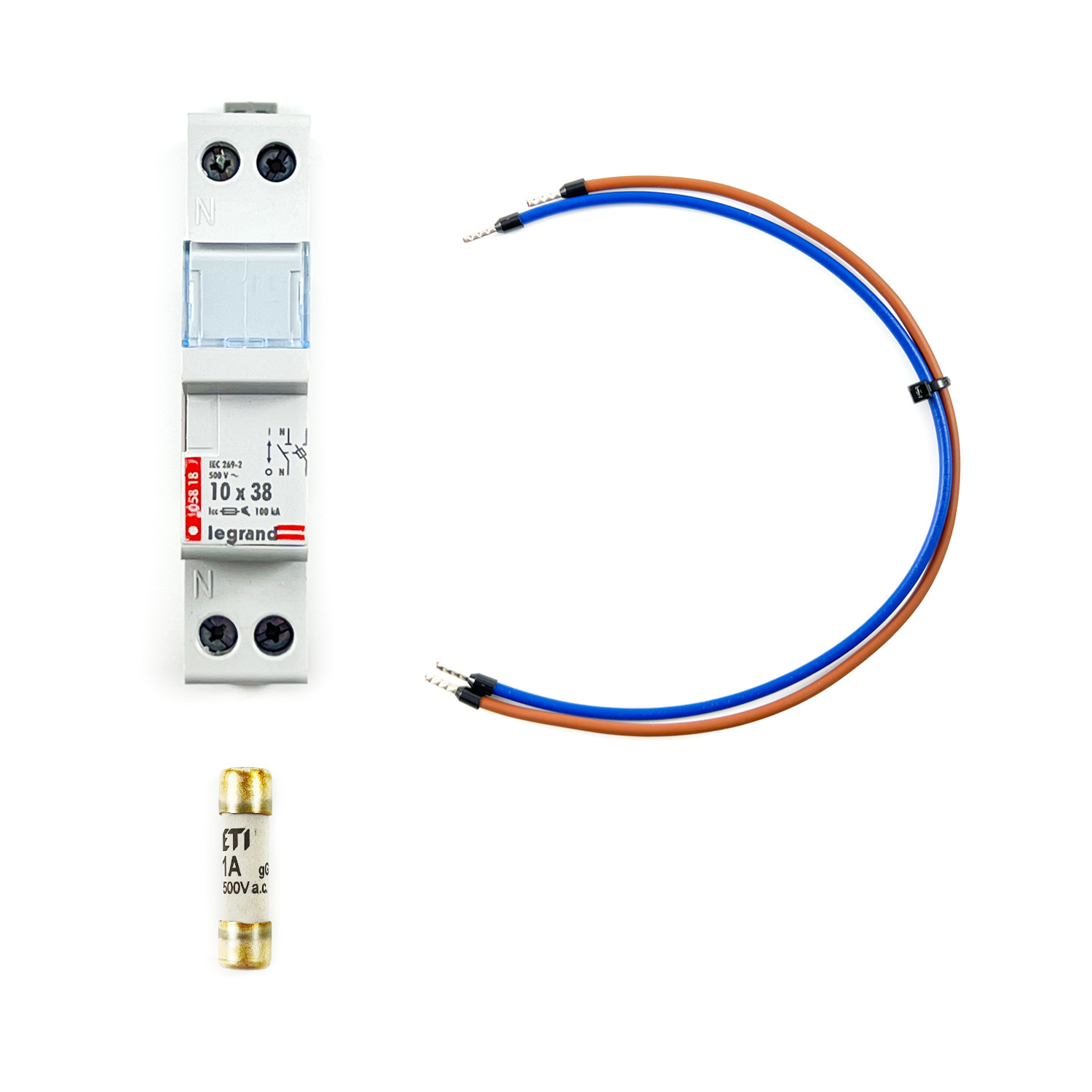 Aansluitset indirecte 1 fase kWh meter - Zekeringhouder, zekeringen, aansluitkabels