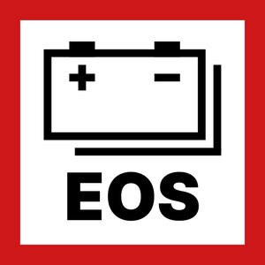 Batterie-Aufkleber / Energiespeichersystem (EOS) vorhanden – Kleinformat 30 × 30 mm